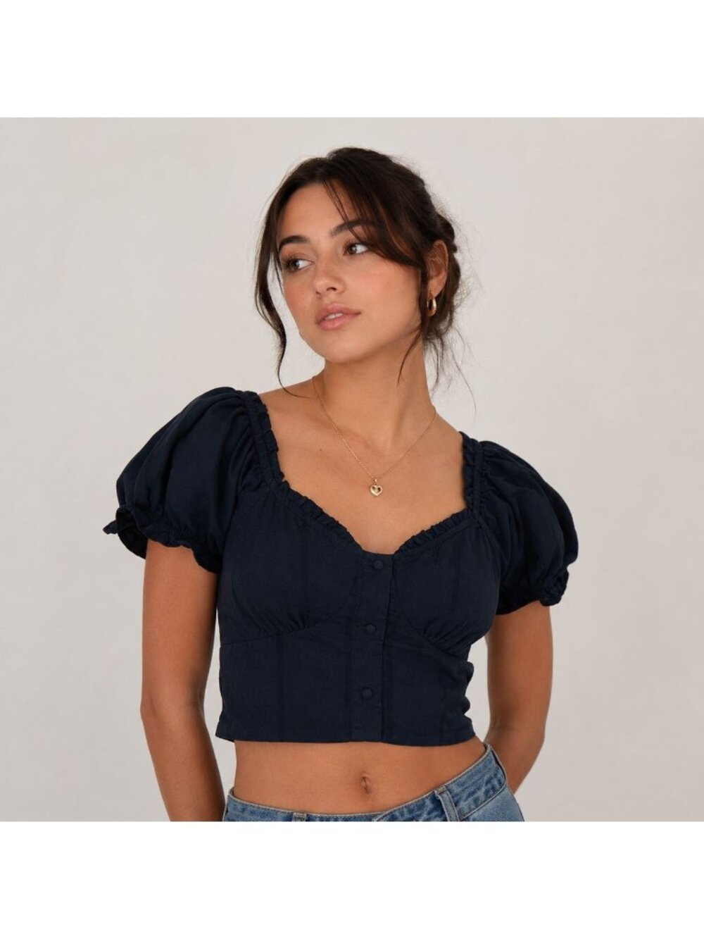 Navy Puff Sleeve Corset Crop Top Smocked Cottagecore Coquette Romantic Sz S